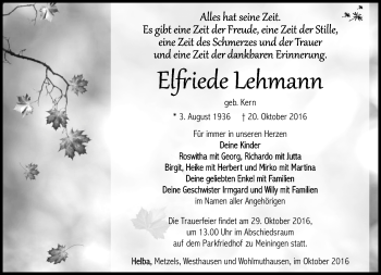 Traueranzeige von Elfriede Lehmann von Südthüringer Presse