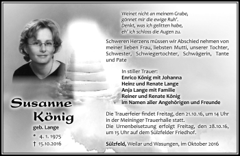 Traueranzeige von Susanne König von Südthüringer Presse