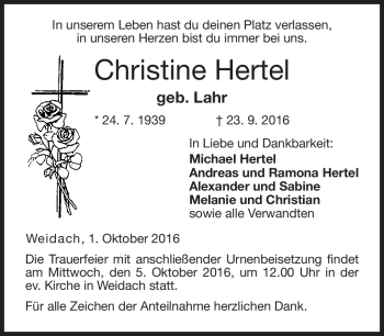 Traueranzeige von Christine Hertel von Neue Presse Coburg