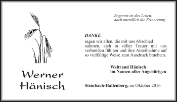 Traueranzeige von Werner Hänisch von Südthüringer Presse