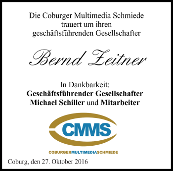Traueranzeige von Bernd Zeitner von Neue Presse Coburg