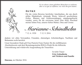Traueranzeige von Marianne Schindhelm von Südthüringer Presse