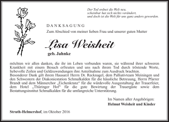 Traueranzeige von Lisa Weisheit von Südthüringer Presse