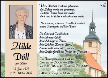 Traueranzeige von Hilde Döll von Südthüringer Presse