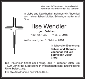 Traueranzeige von Ilse Wendler von Frankenpost