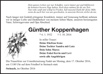 Traueranzeige von Günther Koppenhagen von Südthüringer Presse