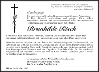 Traueranzeige von Brunhilde Risch von Südthüringer Presse