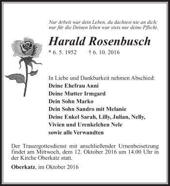 Traueranzeige von Harald Rosenbusch von Südthüringer Presse