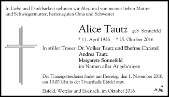 Traueranzeige von Alice Tautz von Südthüringer Presse