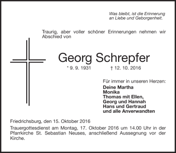 Traueranzeige von Georg Schrepfer von Neue Presse Coburg