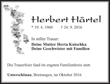 Traueranzeige von Herbert Härtel von Südthüringer Presse