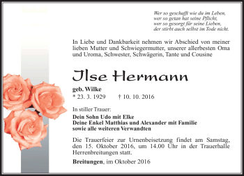 Traueranzeige von Ilse Hermann von Südthüringer Presse