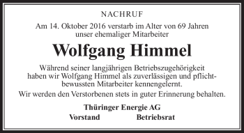 Traueranzeige von Wolfgang Himmel von Südthüringer Presse