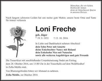 Traueranzeige von Loni Freche von Südthüringer Presse