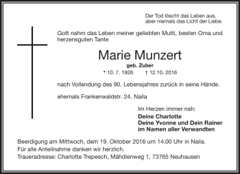 Traueranzeige von Marie Munzert von Frankenpost