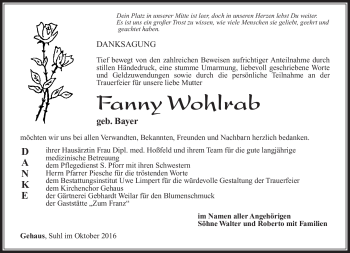 Traueranzeige von Fanny Wohlrab von Südthüringer Presse