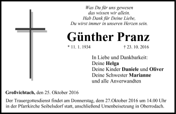 Traueranzeige von Günther Pranz von Neue Presse Coburg