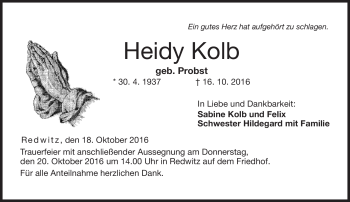 Traueranzeige von Heidy Kolb von Neue Presse Coburg