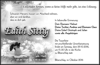 Traueranzeige von Edith Sittig von Südthüringer Presse