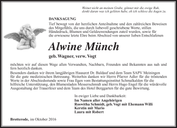 Traueranzeige von Alwine Münch von Südthüringer Presse