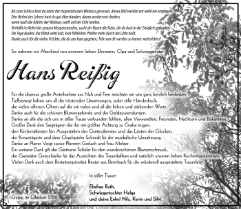 Traueranzeige von Hans Reißig von Südthüringer Presse