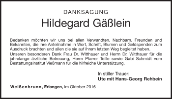 Traueranzeige von Hildegard Gäßlein von Neue Presse Coburg