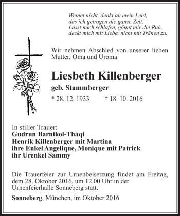 Traueranzeige von Liesbeth Killenberger von Südthüringer Presse