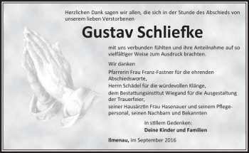 Traueranzeige von Gustav Schliefke von Südthüringer Presse