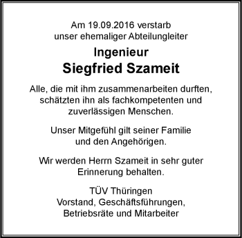 Traueranzeige von Siegfried Szameit von Südthüringer Presse