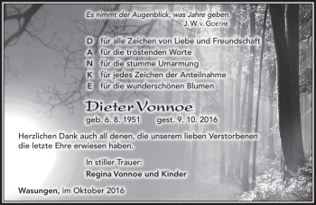 Traueranzeige von Dieter Vonnoe von Südthüringer Presse