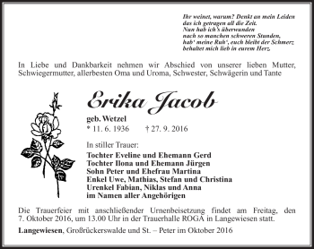 Traueranzeige von Erika Jacob von Südthüringer Presse
