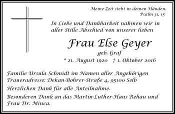 Traueranzeige von Else Geyer von Frankenpost