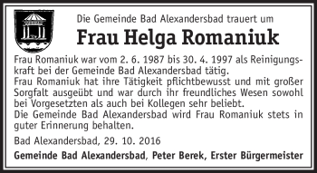 Traueranzeige von Helga Romaniuk von Frankenpost