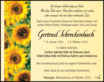 Traueranzeige von Gertrud Schreckenbach von Südthüringer Presse