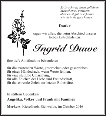 Traueranzeige von Ingrid Duwe von Südthüringer Presse