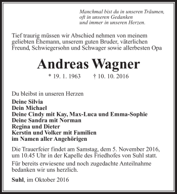 Traueranzeige von Andreas Wagner von Südthüringer Presse
