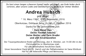 Traueranzeige von Andrea Hübsch von Frankenpost