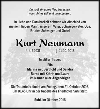 Traueranzeige von Kurt Neumann von Südthüringer Presse