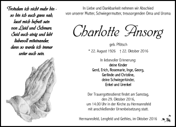 Traueranzeige von Charlotte Ansorg von Südthüringer Presse