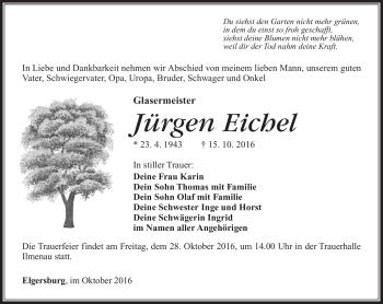 Traueranzeige von Jürgen Eichel von Südthüringer Presse