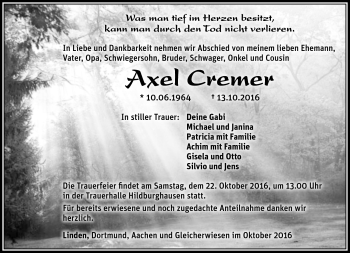 Traueranzeige von Axel Cremer von Südthüringer Presse