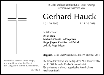 Traueranzeige von Gerhard Hauck von Neue Presse Coburg