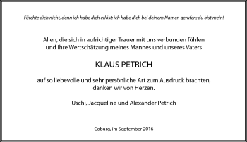 Traueranzeige von Klaus Petrich von Neue Presse Coburg