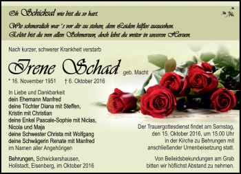 Traueranzeige von Irene Schad von Südthüringer Presse