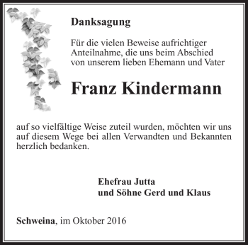 Traueranzeige von Franz Kindermann von Südthüringer Presse