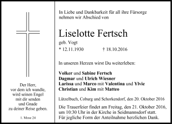 Traueranzeige von Liselotte Fertsch von Neue Presse Coburg