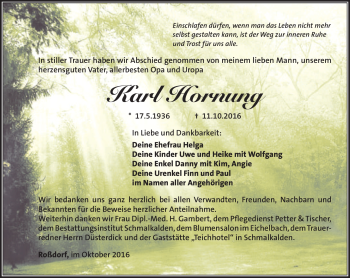 Traueranzeige von Karl Hornung von Südthüringer Presse