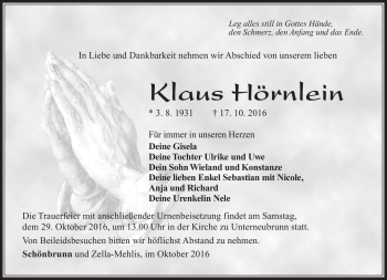 Traueranzeige von Klaus Hörnlein von Südthüringer Presse