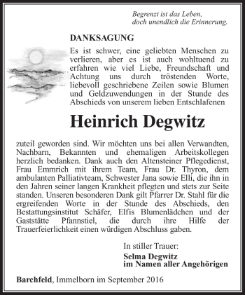 Traueranzeige von Heinrich Degwitz von Südthüringer Presse