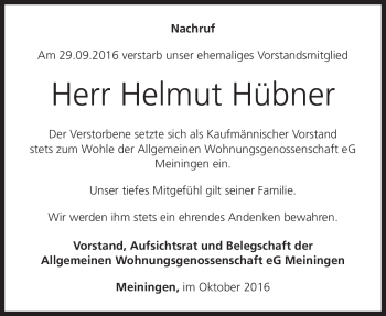 Traueranzeige von Helmut Hübner von Südthüringer Presse